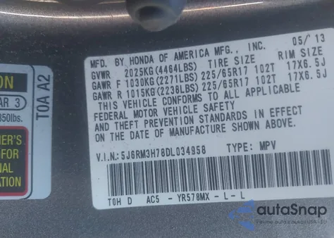 2013 Honda Cr-V Ex-L z USA, uszkodzony, nr VIN 5J6RM3H78DL034958